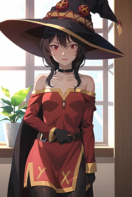 3978524526-3473052864-megumin, 1girl, bare shoulders, black hair, black cape, black gloves, blush, cape, choker, collarbone, dress, hair between eyes,.png